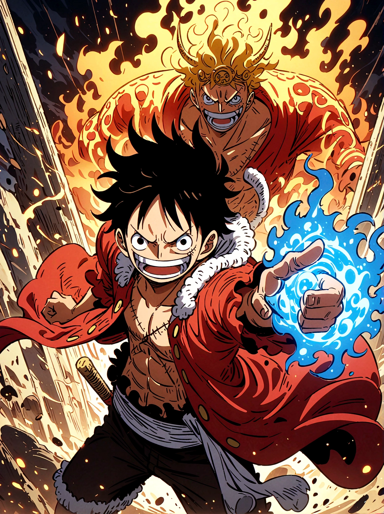 Create an exciting poster with Luffy from "one piece" em um ataque de raiva, wolf-headed. Capture the essence of his fiery determination and unyielding spirit as he unleashes his wrath on his enemies. Mantenha-o curto, ousado, e intenso para transmitir o poder bruto da raiva de Luffy. boy, anime