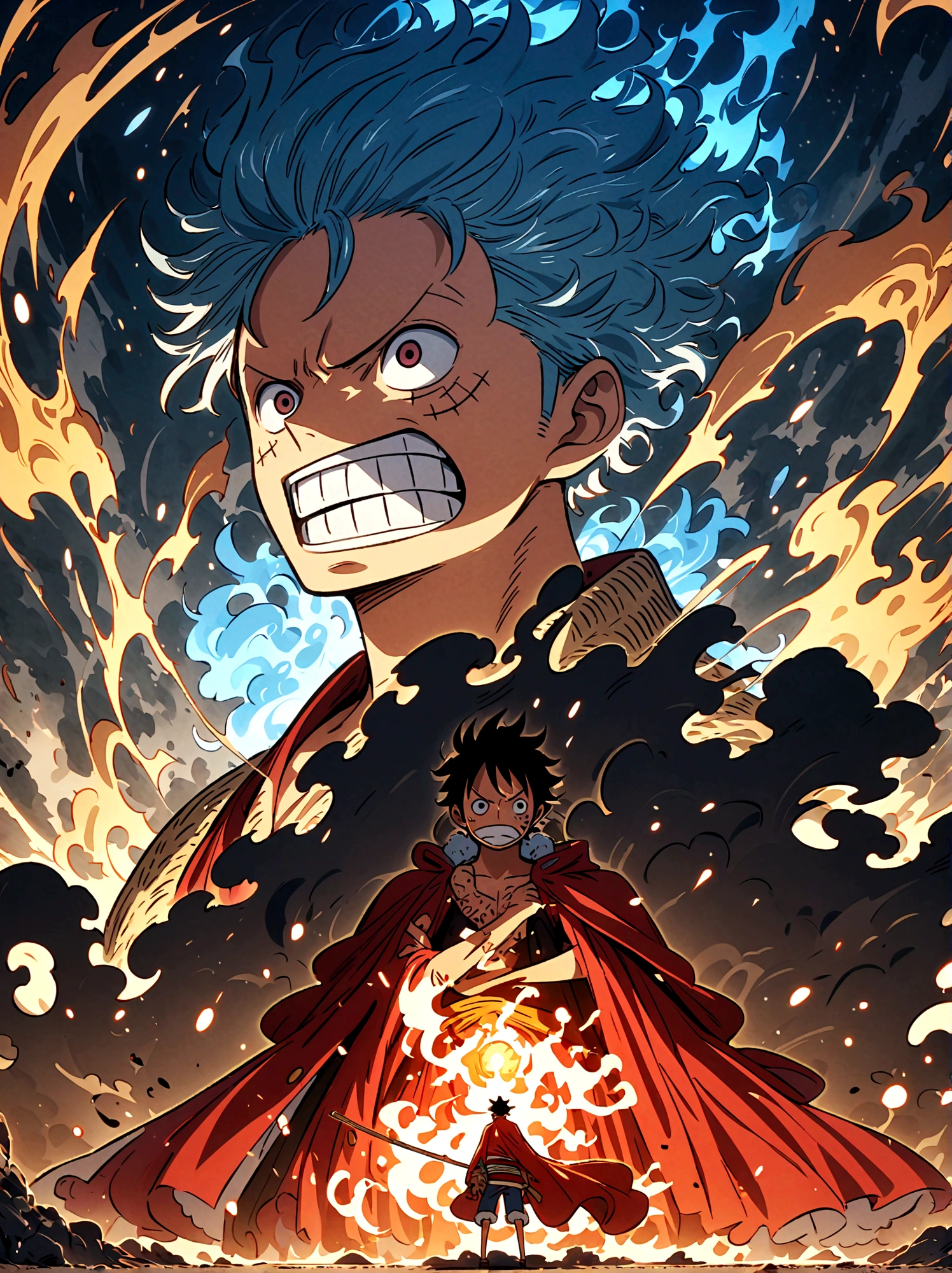 Create an exciting poster with Luffy from "one piece" em um ataque de raiva, wolf-headed. Capture the essence of his fiery determination and unyielding spirit as he unleashes his wrath on his enemies. Mantenha-o curto, ousado, e intenso para transmitir o poder bruto da raiva de Luffy. boy, anime