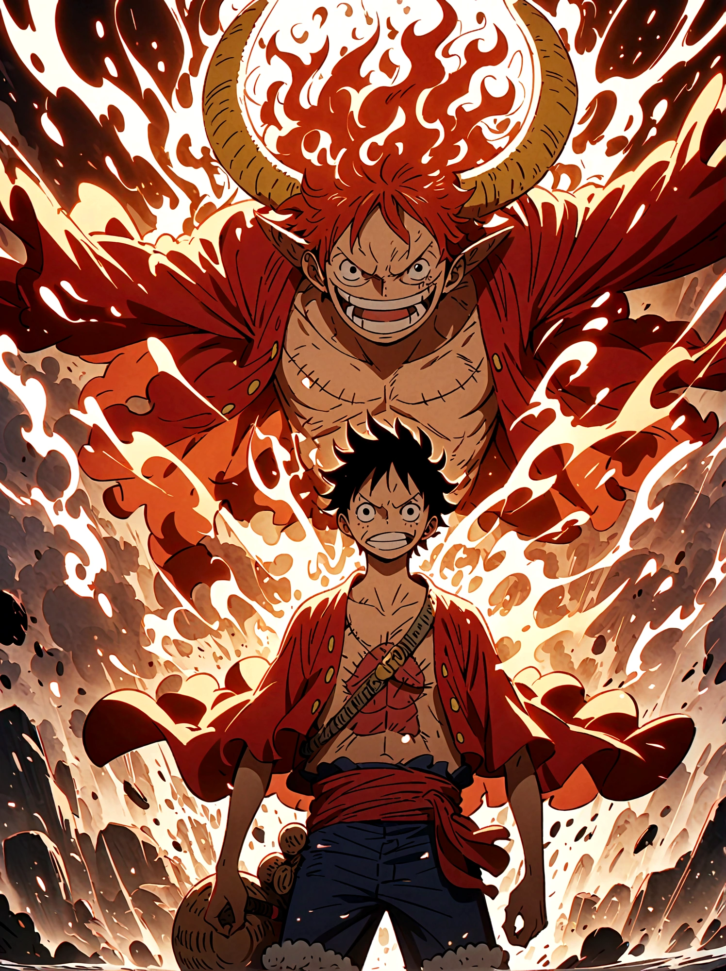 Create an exciting poster with Luffy from "one piece" em um ataque de raiva, wolf-headed. Capture the essence of his fiery determination and unyielding spirit as he unleashes his wrath on his enemies. Mantenha-o curto, ousado, e intenso para transmitir o poder bruto da raiva de Luffy. boy, anime