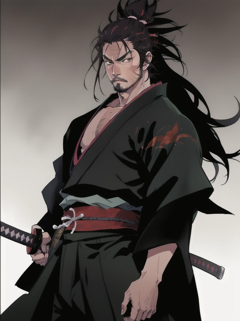 miyamoto musashi,kimono,scar,long hair,beard,manga,colorful,looking at camera,handsome,charismatic, katana, standing, fighting stance, upper body, 1 katana, single sword,