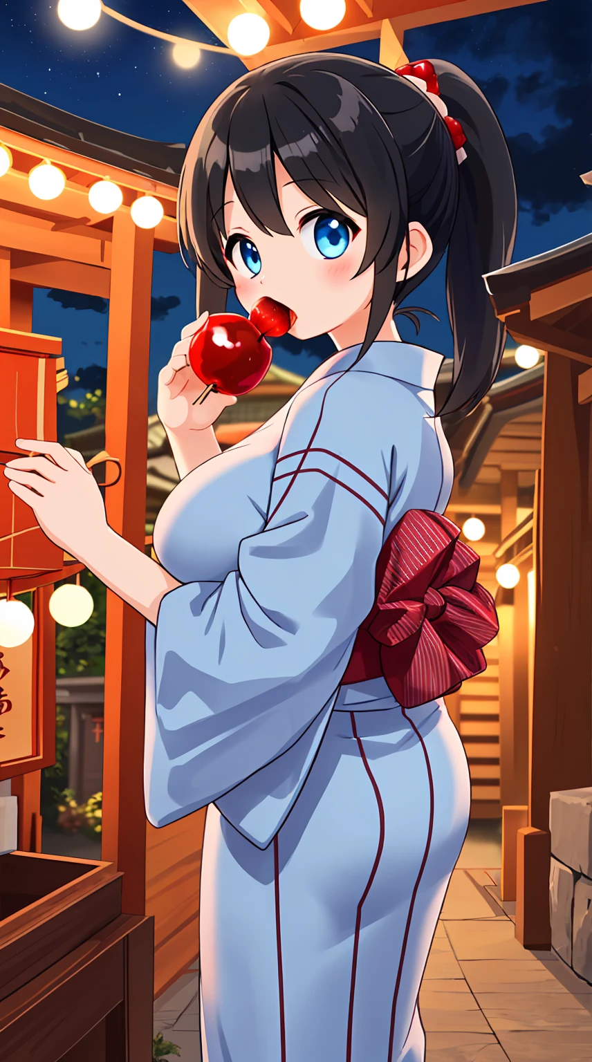 Black hair ponytail、yukata、Licking a candy apple、Light Blue Eyes、Big Breasts、Shrine stalls at night