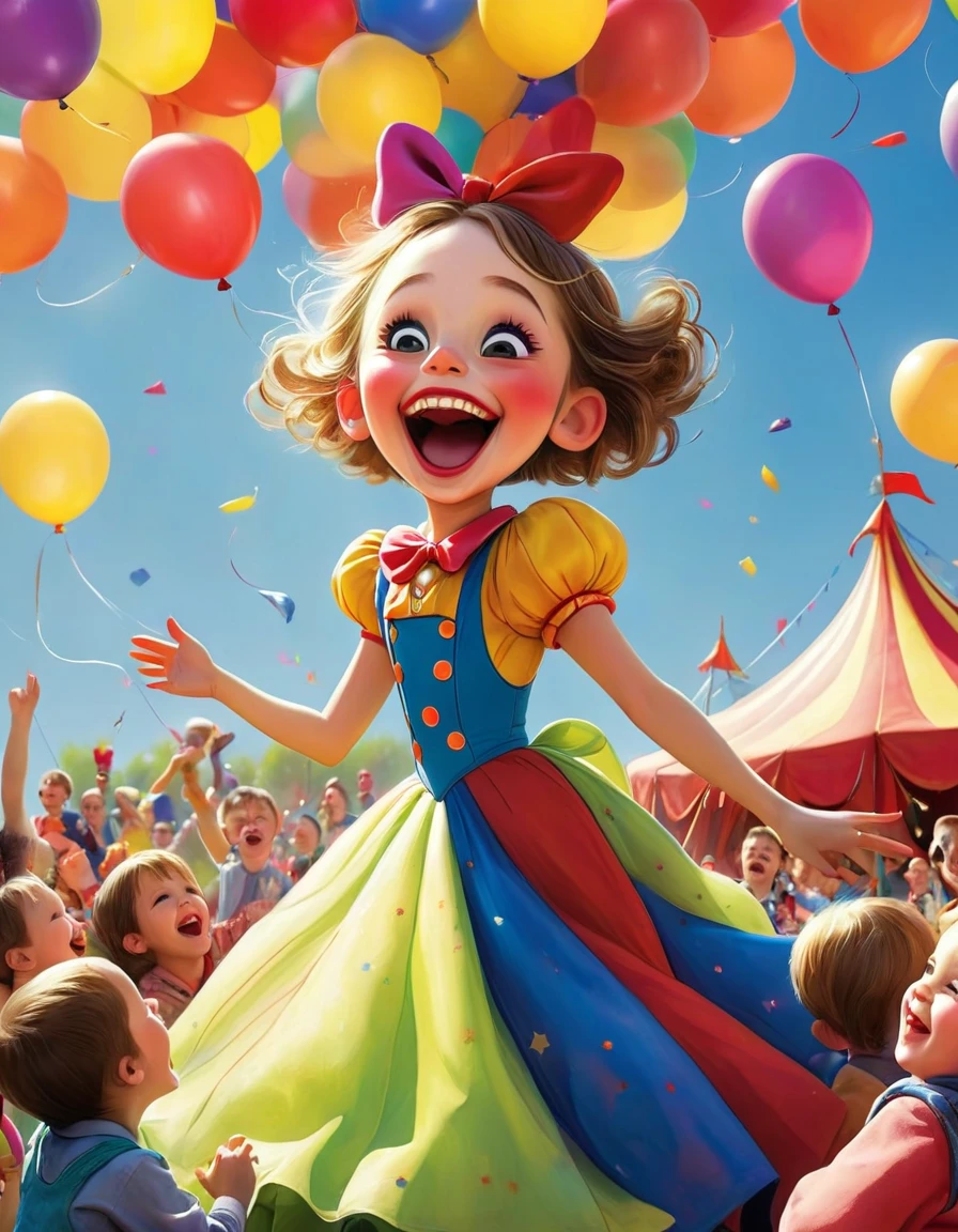 (best quality, high resolution), detailed, Vibrant colors, happy children, amusement, balloon, Funny facial expressions, Exaggerated gestures, Circus tent, Circus props, laughter, amusement park, Children's entertainment, Energetic, magic, Audience interaction, Big shoes, Colorful clothes, artifice, balloon动物, Circus music, laughter and applause