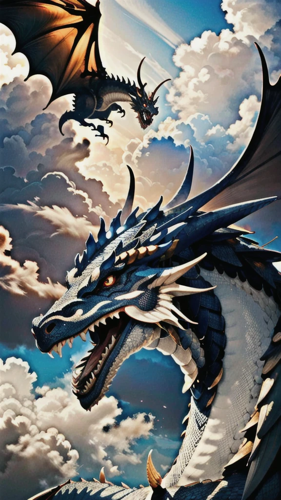 best quality,masterpiece,highly detailed,ultra-detailed, 
loong, eastern dragon, dragon, no humans, horns, scales, claws, cloud, sky, looking at viewer