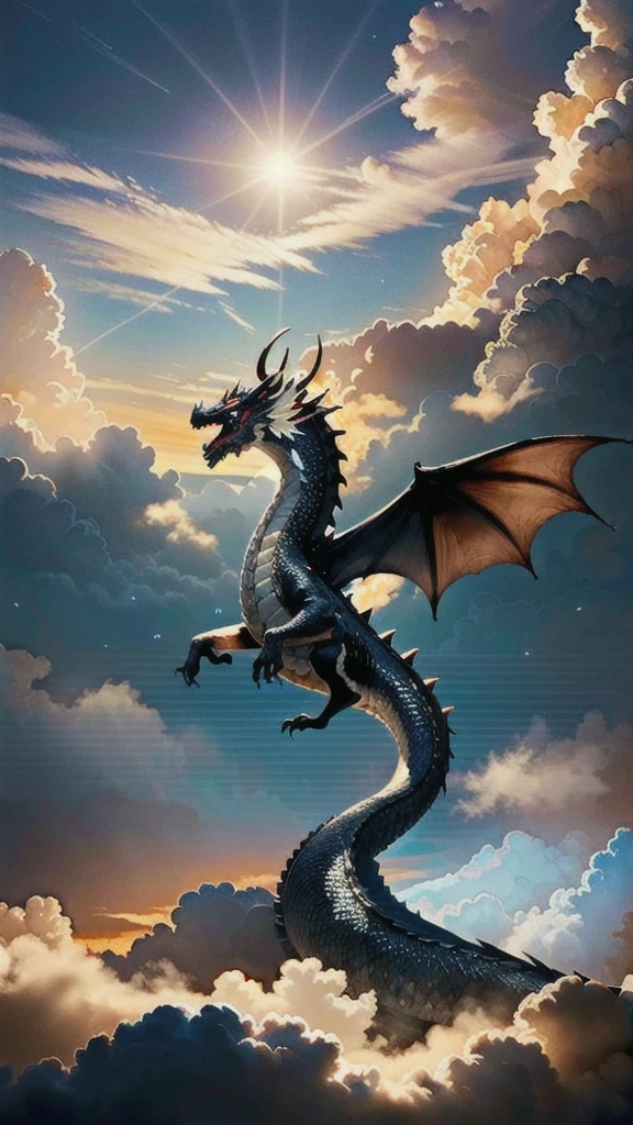 best quality,masterpiece,highly detailed,ultra-detailed,
loong, eastern dragon, dragon, no humans, horns, scales, claws, cloud, sky, looking at viewer
