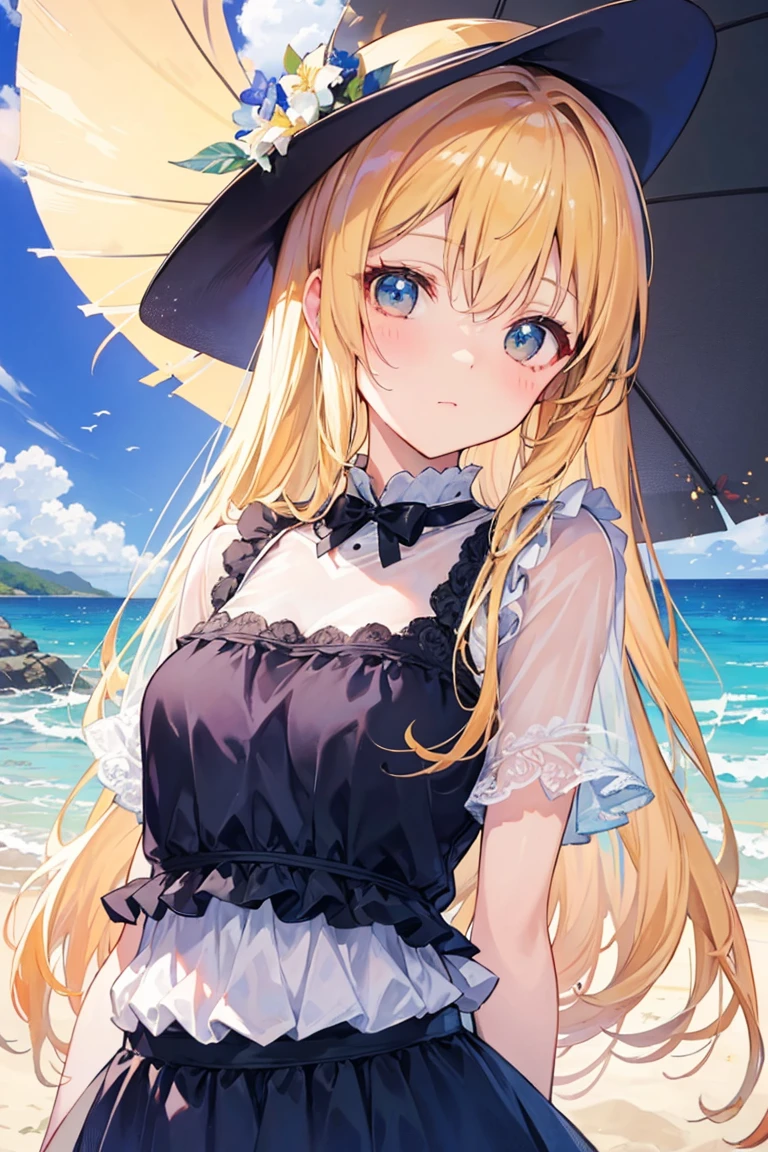 黄色い透明なSwimwear、beautiful girl、Beach、Sandy Beach、Ocean、Swimwear、White、Beachパラソル、noon、bright