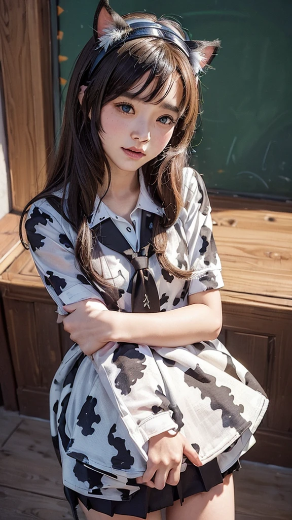 (cow patterned school uniform:1.3), (Cat ears:1.3), Beauty, lots of cows, (From below:1.2), sundown seashore,