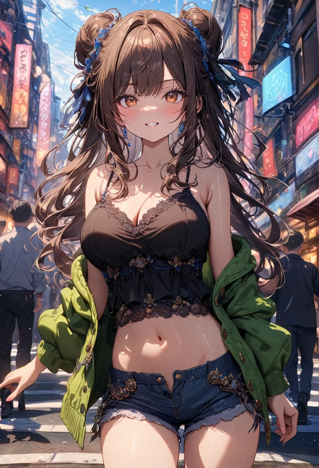 ((masterpiece:0), best quality, very aesthetic, newest, absurdres, detailed, high quality)
BREAK
highest quality, top quality, details, highres, ultra fine painting, digital art, official art, cinematic, 4k, 8k resolution, 8K CG wallpaper, CG, original artwork, detailed background, colorful background, blue atmosphere, High Dynamic Range, blurry background, blue hour, Starburst effects, crepuscular rays, good ISO, high resolution, wide shot, from far away, RAW photo, POV, sharp focus, light reflection, reflections, intricate details, soft light, particle noise, professional photography, bokeh, depth of field, natural lighting, vibrant colors, looking away, detailed lights and shadows, stylish, ultra-detailed, Pixiv, trending art, niji style, modern-days, master crafted, pose
BREAK
solo, 1girl, a girl, correct fingers, detailed face, (medium big breasts:1.2), big thighs, short torso, short body, flushtered smile, warm happy expression, casual, cute, slim, (childlike face:1.3), nice hips, nice body, brown hair, (long flowing hair:1.1), big 2 buns hairstyle, long bangs, long hair, middle hair bangs, brown eyes
BREAK
(black string tank top, off shoulder open green hoodie, tummy skin:1.1, open unbuttoned shorts, outfit ornaments)
BREAK
a close up of a person walking down a street with a crowd of people, crowded street, crowded streets, in front of a large crowd, giant crowd, girl walking through city, people walking down a street