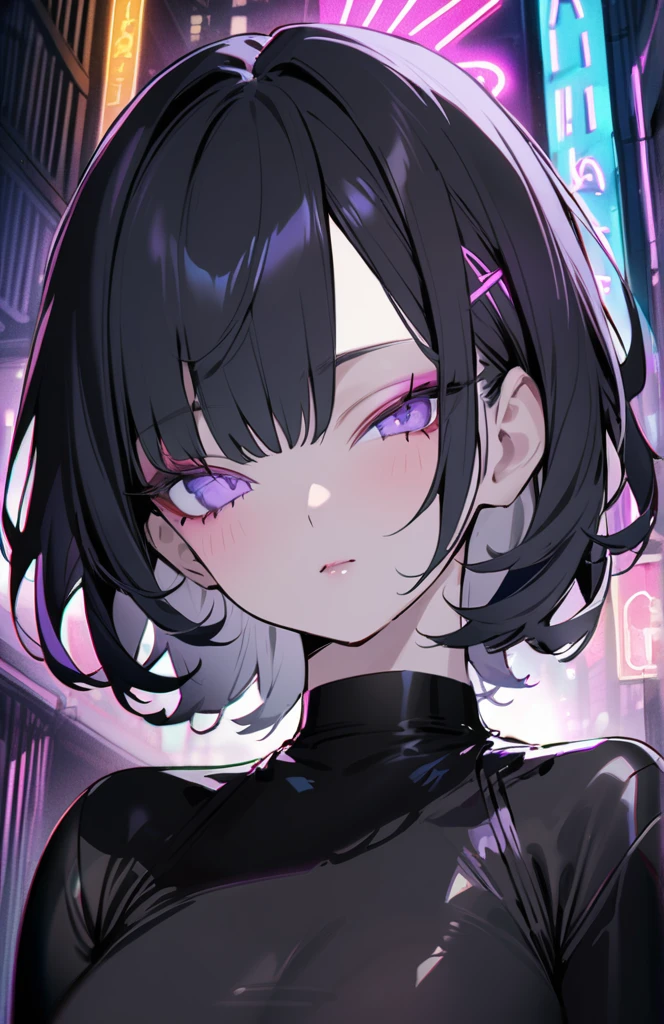 1 girl, alone, short hair,Black Hair,Looking at the audience,Mouth closed, Grey Hair, Purple Eye,Black Mask,Black jersey, Neon Street.eyelash, Compensate,eyeliner,Landmine Makeup, Wavy Hair,masterpiece,Very detailed