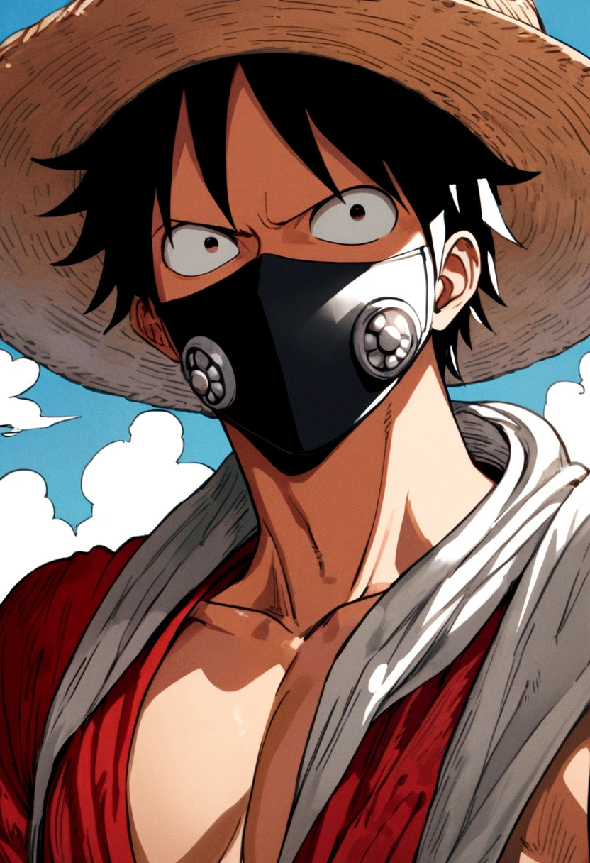 Monkey d luffy from one piece having Sharingan and wearing black mask of kakashi and wearing straw hat also