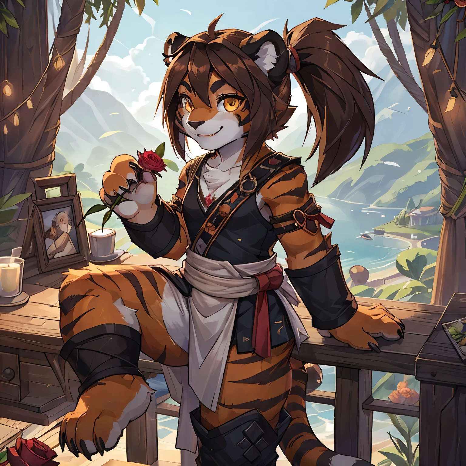 (4fingers), small_round_ears, small_panda_ears, pandaren, world_of_warcraft, furry, anthropomorphic, fluffy_tail, foxtail, cfemale, claws, red_panda, tiger_stripes, tiger_face, flat_chested, , teenager, amber_eyes, (pupils), (tiger_legs), black_left_foot, white_right_foot, (four_fingers), waist_long_ponytail, brown_hair, ((three_toes)), ((3toes)), ((detailed_eyes)), ((detailed_face)), detailed_hands, holding a rose, smiling,