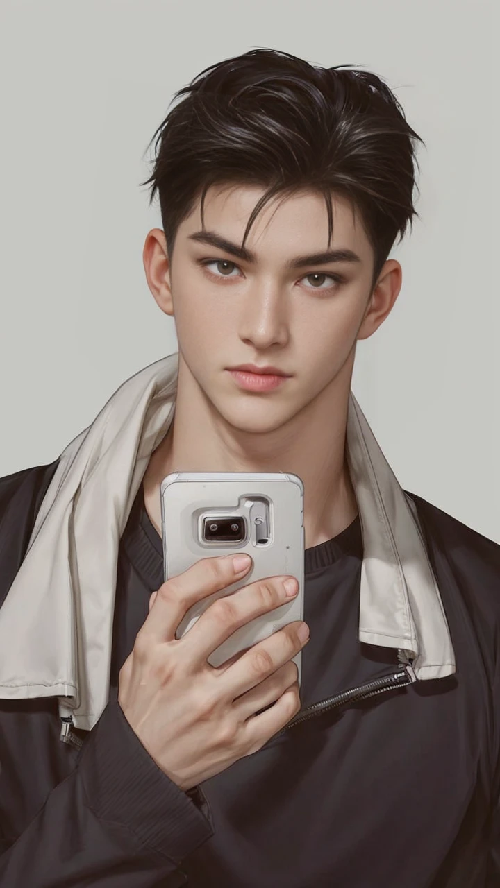 masterpiece, 1boy, adults, handsome, black hair, undercut hair, perfect face, detailed eyes and face, black eyes, clean shaved, muscular, capturing a rural atmosphere, dynamic lighting, unreal engine 5, handphone