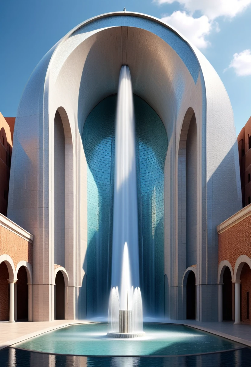Sci-fi, (huge fountain), lots of water, asymmetry, intricate details,
Background: Minimalist silver architecture,extremely detailed, best quality, masterpiece, high resolution, Hyperrealistic, top-view, low angle view, ray traced,by Santiago Calatrava,Brick Wall, Mosaic Wall,