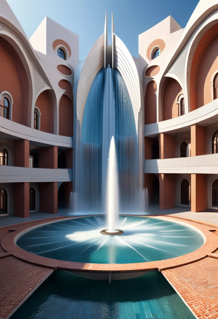 Sci-fi, (huge fountain), lots of water, asymmetry, intricate details,
Background: Minimalist silver architecture,extremely detailed, best quality, masterpiece, high resolution, Hyperrealistic, top-view,  low angle view,  ray traced,by Santiago Calatrava,Brick Wall, Mosaic Wall,