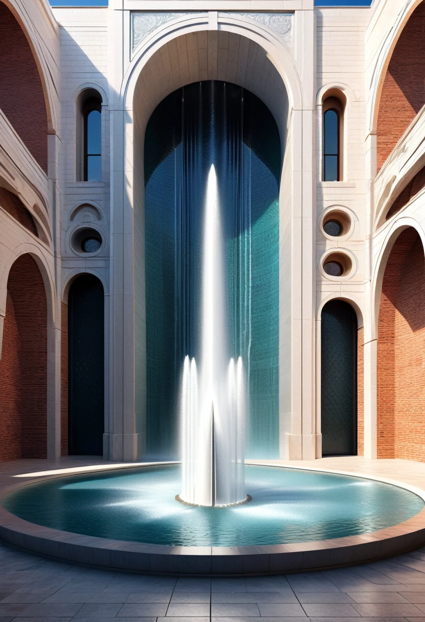 Sci-fi, (huge fountain), lots of water, asymmetry, intricate details,
Background: Minimalist silver architecture,extremely detailed, best quality, masterpiece, high resolution, Hyperrealistic, top-view,  low angle view,  ray traced,by Santiago Calatrava,Brick Wall, Mosaic Wall,