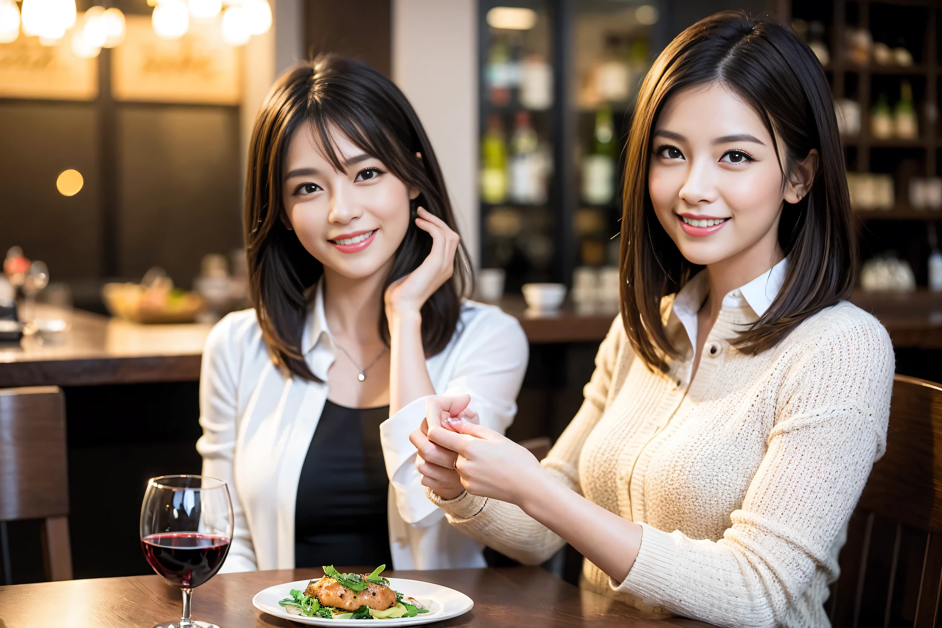 ((highest quality、8k、masterpiece:1.3))、1 male、1 female、spouse、I really like it、Beautiful couple、The body is slim、Wine glass on the table、Facial lighting、full-course dinner、 Amazing view of the sunset sky and clouds、A bright smile、The wonderfulness of smile、Bright image、Beautiful Face, short hair,Bright Face、 (43 years old), 39 years old, red wine 、Appetizers、Italian food、Wine bottle、Champagne、sparkling wine、Two beauties、Brown Hair、Shortcuts、Long sleeve shirt、dress、Pretty Woman 1, (Slim face), (The body is slim), (Brown Hair), (Shortcuts), cheeks turn a little red,Attractive beauty、restaurant, In a prominent place (From the waist up) Nova Frog Style, actress, model, Upper Body, White wine, slim, wine glass, A wine glass placed in the center, smile, (smile: 1.15), Beautiful fine grain, Depth f/2,saturation, High Contrast, Strong light and shadow,Moist Body:1.5、3D texture、Delicate eyes、Brown Hair、The hair is very shiny、