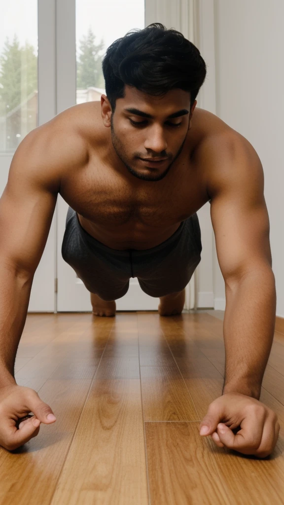 22 year old brown young man doing planks at home