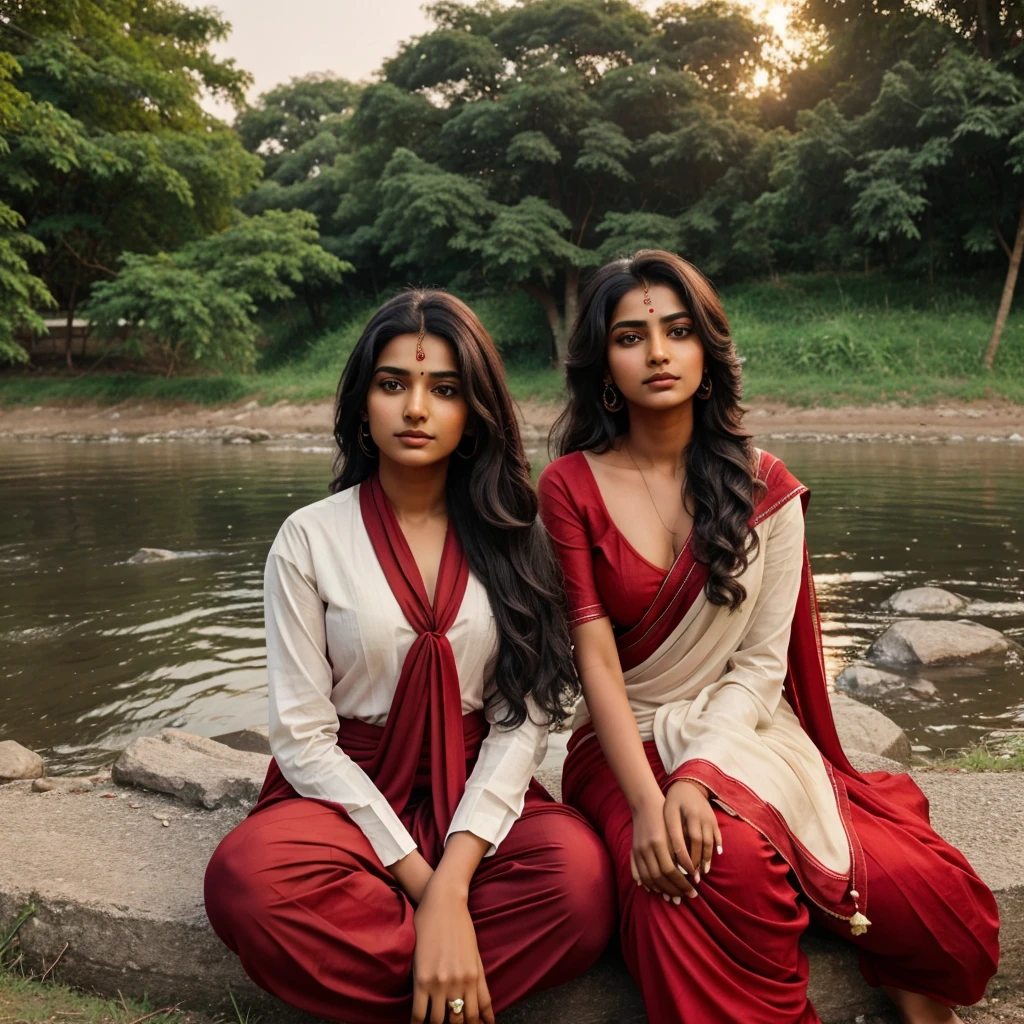 In evening time, Indian brown girl age of 21 with black tied hair in red and white suit salwar with red dupatta playing with his hair sitting down tree on the bank of river and a boy of 21 yr on other side of same river looking to girl.
