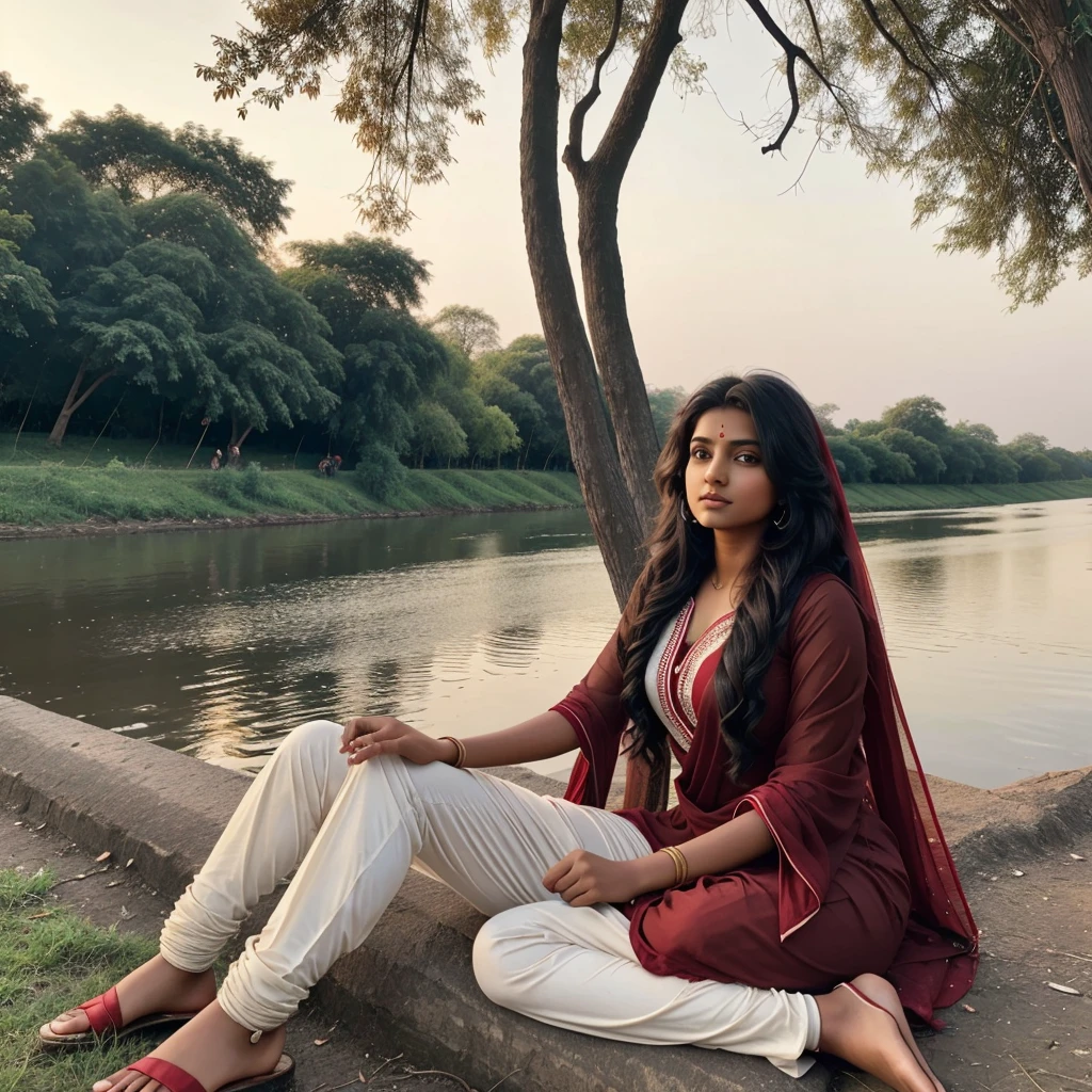 In evening time, Indian brown girl age of 21 with black tied hair in red and white suit salwar with red dupatta playing with his hair sitting down tree on the bank of river and a boy of 21 yr on other side of same river looking to girl.  