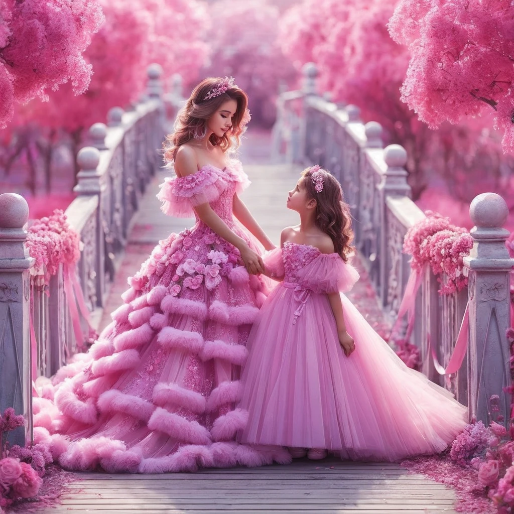 very beautiful Indonesian mother and daughter brown hair in soft pink dresses, pastel colors on the bridge, in a fresh green realistic forest, wearing soft pink dresses, pastel colors, tassels and ribbon ruffles, fantasy dresses, wearing soft pink dresses, pastel colors , soft party dress, pastel colors, soft pink romantic tutu, pastel colors, magic dress, soft pink dress, pastel colors, in a long dress in soft pink pastel colors or purple, wearing a beautiful dress, soft pink tutu in pastel colors, wearing a romantic tutu soft pastel pink
