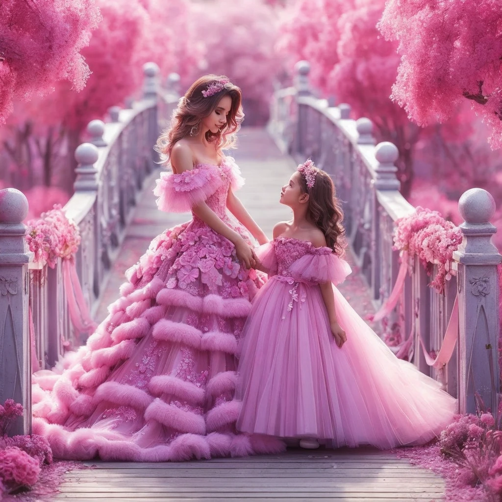very beautiful Indonesian mother and daughter brown hair in soft pink dresses, pastel colors on the bridge, in a fresh green realistic forest, wearing soft pink dresses, pastel colors, tassels and ribbon ruffles, fantasy dresses, wearing soft pink dresses, pastel colors , soft party dress, pastel colors, soft pink romantic tutu, pastel colors, magic dress, soft pink dress, pastel colors, in a long dress in soft pink pastel colors or purple, wearing a beautiful dress, soft pink tutu in pastel colors, wearing a romantic tutu soft pastel pink