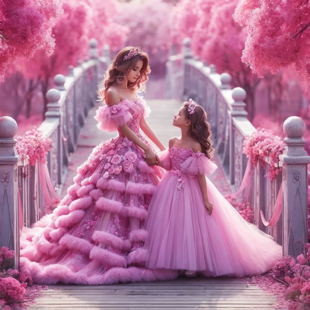 very beautiful Indonesian mother and daughter brown hair in soft pink dresses, pastel colors on the bridge, in a fresh green realistic forest, wearing soft pink dresses, pastel colors, tassels and ribbon ruffles, fantasy dresses, wearing soft pink dresses, pastel colors , soft party dress, pastel colors, soft pink romantic tutu, pastel colors, magic dress, soft pink dress, pastel colors, in a long dress in soft pink pastel colors or purple, wearing a beautiful dress, soft pink tutu in pastel colors, wearing a romantic tutu soft pastel pink