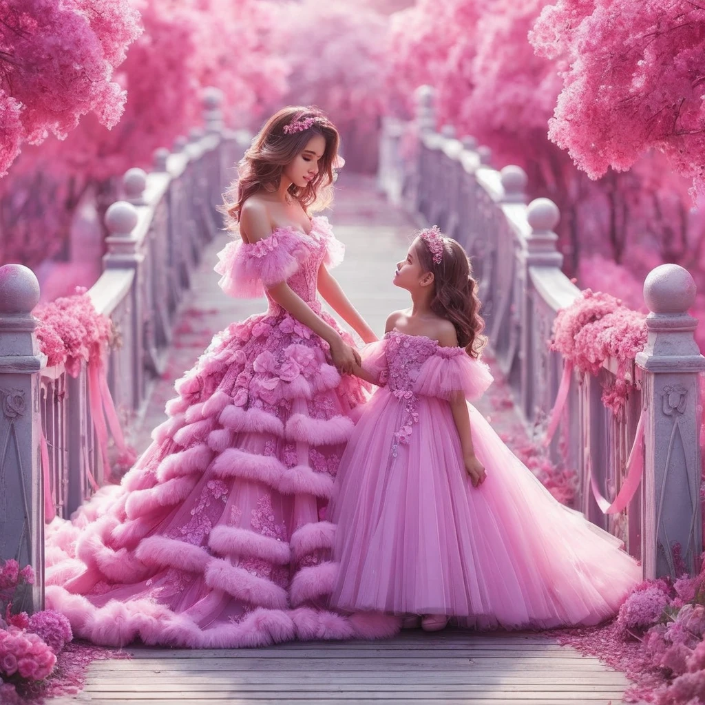 very beautiful Indonesian mother and daughter brown hair in soft pink dresses, pastel colors on the bridge, in a fresh green realistic forest, wearing soft pink dresses, pastel colors, tassels and ribbon ruffles, fantasy dresses, wearing soft pink dresses, pastel colors , soft party dress, pastel colors, soft pink romantic tutu, pastel colors, magic dress, soft pink dress, pastel colors, in a long dress in soft pink pastel colors or purple, wearing a beautiful dress, soft pink tutu in pastel colors, wearing a romantic tutu soft pastel pink