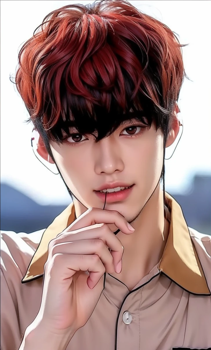 Realistic ultra-detailed depiction of James Lee, asian boy from the webtoon Lookism. He has red hair. Reality. Top quality. In real life