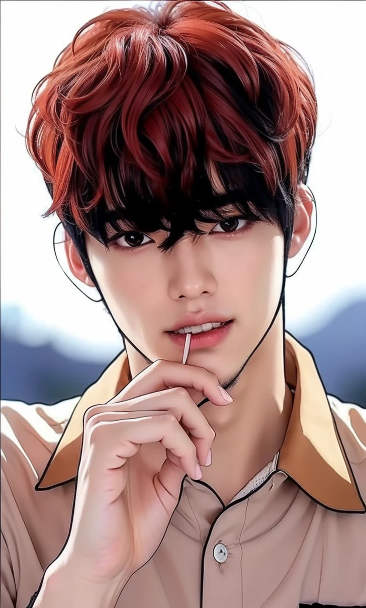 Realistic ultra-detailed depiction of James Lee, asian boy from the webtoon Lookism. He has red hair. Reality. Top quality. In real life