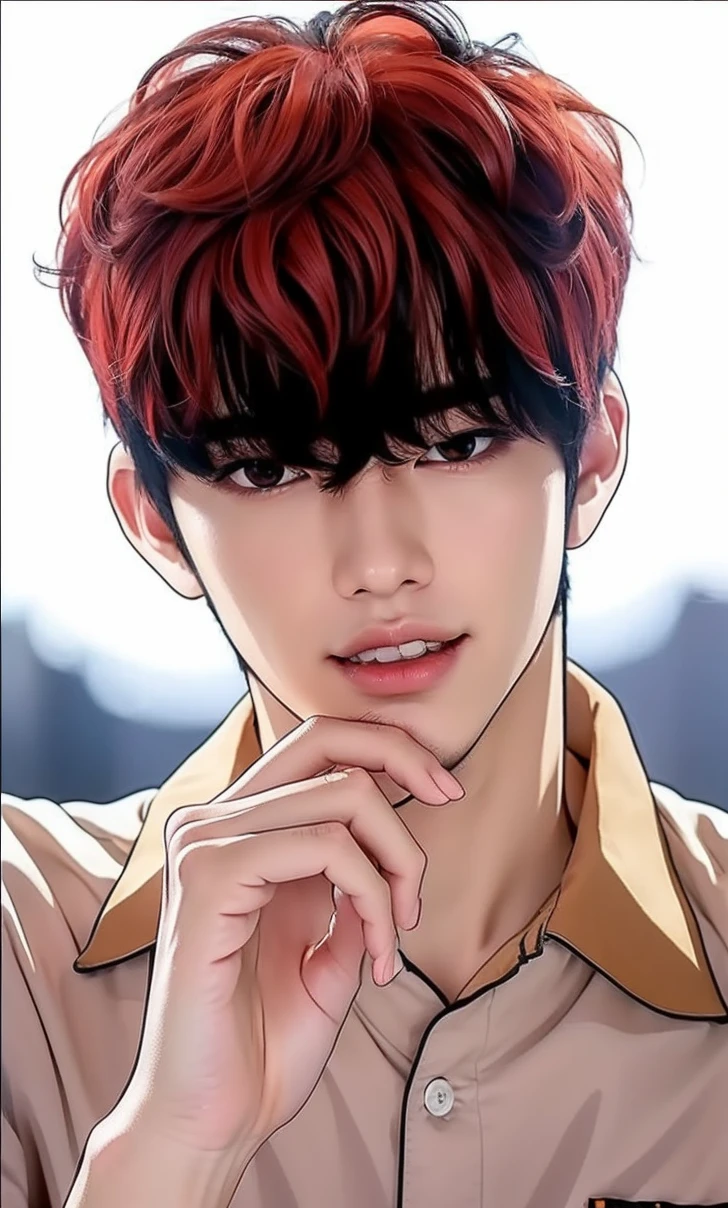 Realistic ultra-detailed depiction of James Lee, asian boy from the webtoon Lookism. He has red hair. Reality. Top quality. In real life