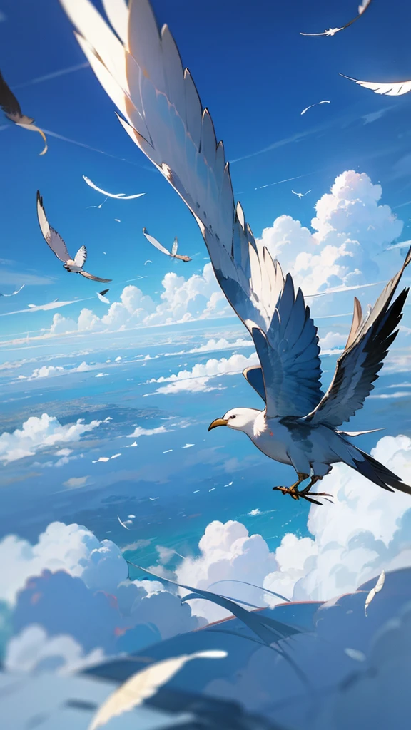 Above the clouds, blue sky, no birds, feathers flying, background material