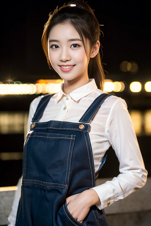 a gorgeous 22 year old woman in a classic pinafore dress with blouse, standing under a night sky, beautiful detailed eyes, dimpled smile, short ponytail, natural pose, photorealistic, ample round bosom, hyper-realism, high contrast, ultra HD, realistic skin textures, top image quality, top-quality, super high resolution, fine details, very meticulously detailed, bokeh background