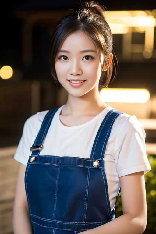 a gorgeous 22 year old woman in a classic pinafore dress with blouse, standing under a night sky, beautiful detailed eyes, dimpled smile, short ponytail, natural pose, photorealistic, ample round bosom, hyper-realism, high contrast, ultra HD, realistic skin textures, top image quality, top-quality, super high resolution, fine details, very meticulously detailed, bokeh background