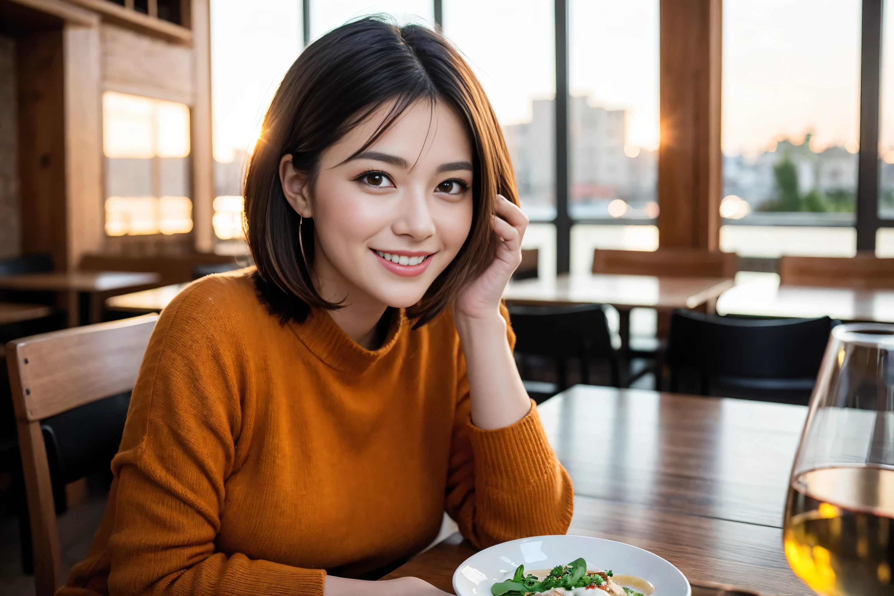 ((highest quality、8k、masterpiece:1.3))、1 male、1 female、spouse、I really like it、Beautiful couple、The body is slim、Wine glass on the table、Facial lighting、full-course dinner、 Amazing view of the sunset sky and clouds、A bright smile、The wonderfulness of smile、Bright image、Beautiful Face, short hair,Bright Face、 (43 years old), 39 years old, red wine 、Appetizers、Italian food、Wine bottle、Champagne、sparkling wine、Two beauties、Brown Hair、Shortcuts、Long sleeve shirt、dress、Pretty Woman 1, (Slim face), (The body is slim), (Brown Hair), (Shortcuts), cheeks turn a little red,Attractive beauty、restaurant, In a prominent place (From the waist up) Nova Frog Style, actress, model, Upper Body, White wine, slim, wine glass, A wine glass placed in the center, smile, (smile: 1.15), Beautiful fine grain, Depth f/2,saturation, High Contrast, Strong light and shadow,Moist Body:1.5、3D texture、Delicate eyes、Brown Hair、The hair is very shiny、