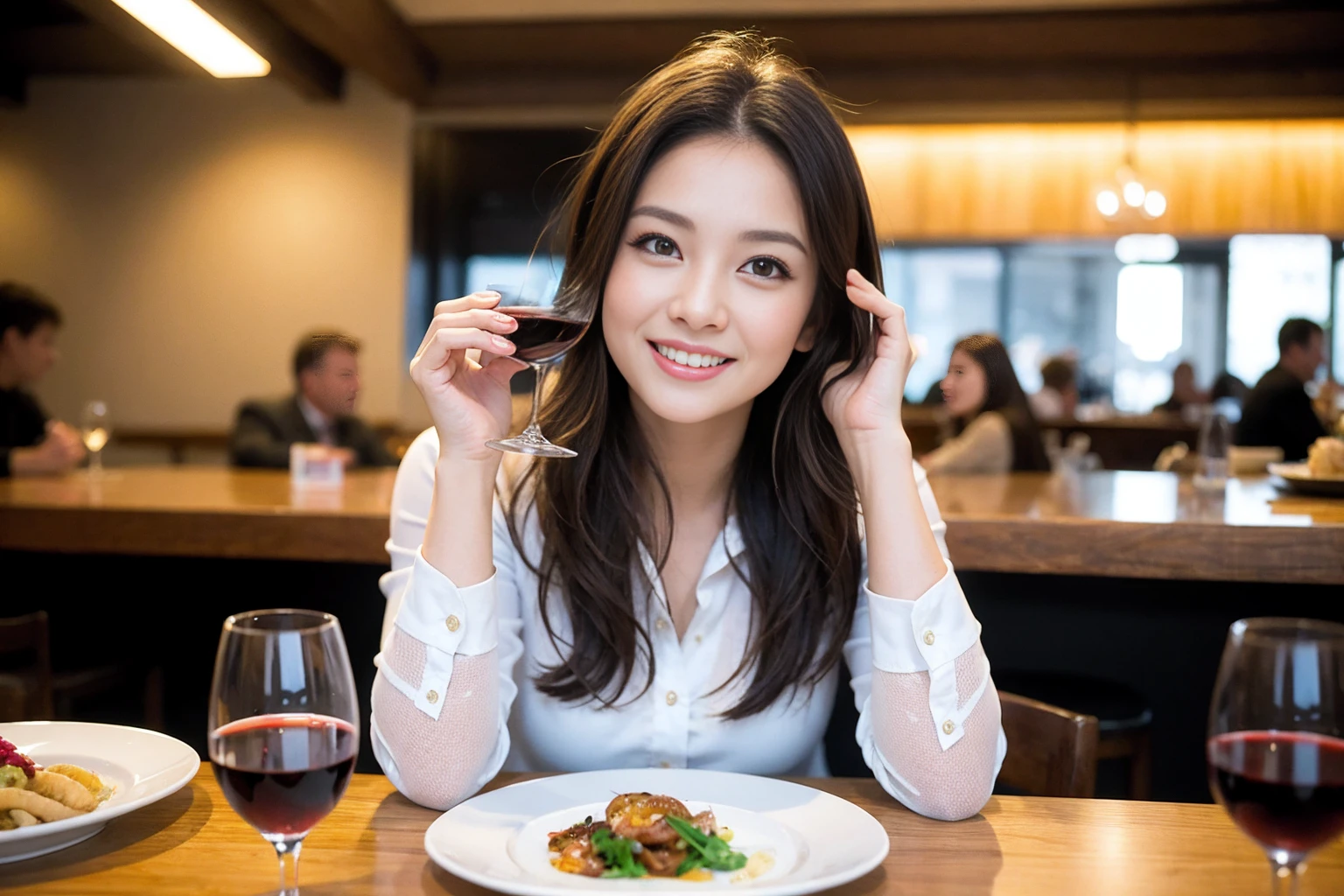 ((highest quality、8k、masterpiece:1.3))、1 male、1 female、spouse、I really like it、Beautiful couple、The body is slim、テーブルの上のwine glass、Facial lighting、full-course dinner、 Amazing view of the sunset sky and clouds、A bright smile、The wonderfulness of smile、Bright image、Beautiful Face, short hair,Bright Face、 (43 years old), 39 years old, red wine 、Appetizers、Italian food、Wine bottle、Champagne、sparkling wine、Two beauties、Brown Hair、Shortcuts、Long sleeve shirt、dress、Pretty Woman 1, (slimな顔), (The body is slim), (Brown Hair), (Shortcuts), cheeks turn a little red,Attractive beauty、restaurant, In a prominent place (From the waist up) Nova Frog Style, actress, model, Upper Body, White wine, slim, wine glass, 中央に置かれたwine glass, smile, (smile: 1.15), Beautiful fine grain, Depth f/2,saturation, High Contrast, Strong light and shadow,Moist Body:1.5、3D texture、Delicate eyes、Brown Hair、The hair is very shiny、