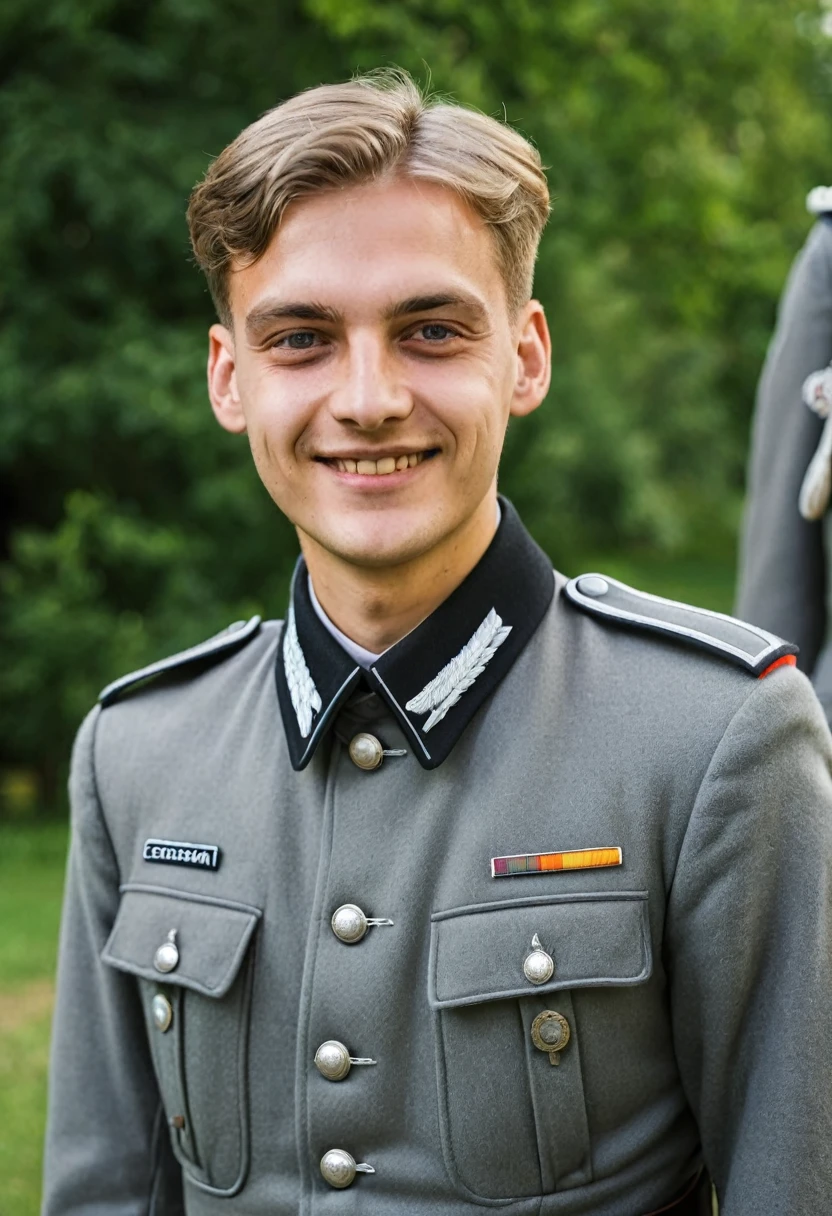 A friendly young German man in a grey German military uniform.