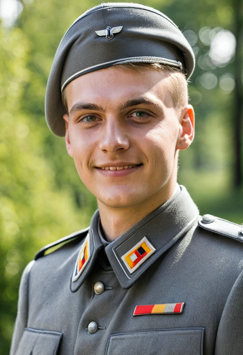 A friendly young German man in a grey German military uniform.