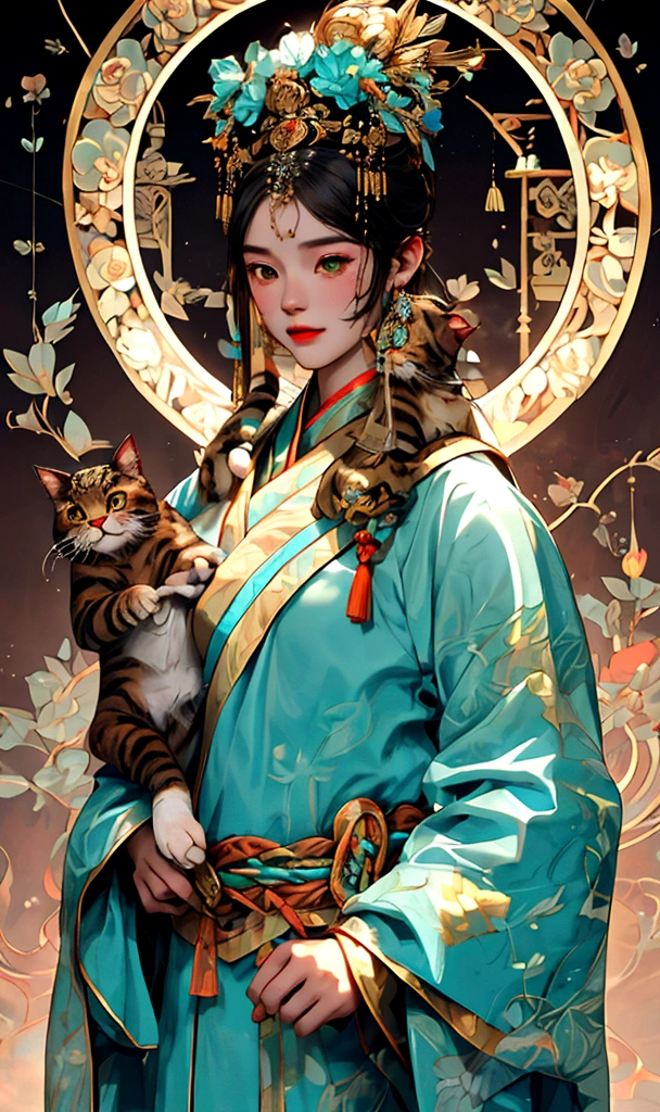 (highly accurate drawing in every detail)(extremely precise representation)upper body,,ancient asia vibe, a stunning hanfu oriental cat(with all cat specific bodyparts) dressed in georgeous hanfu dress with sacred geometric patterns and hair with big flower hanfu headpiece.big eyes, high quality linework,plain background,1 line drawing,burma cat, singapura cat, flat turquoise-blueish-green asia background