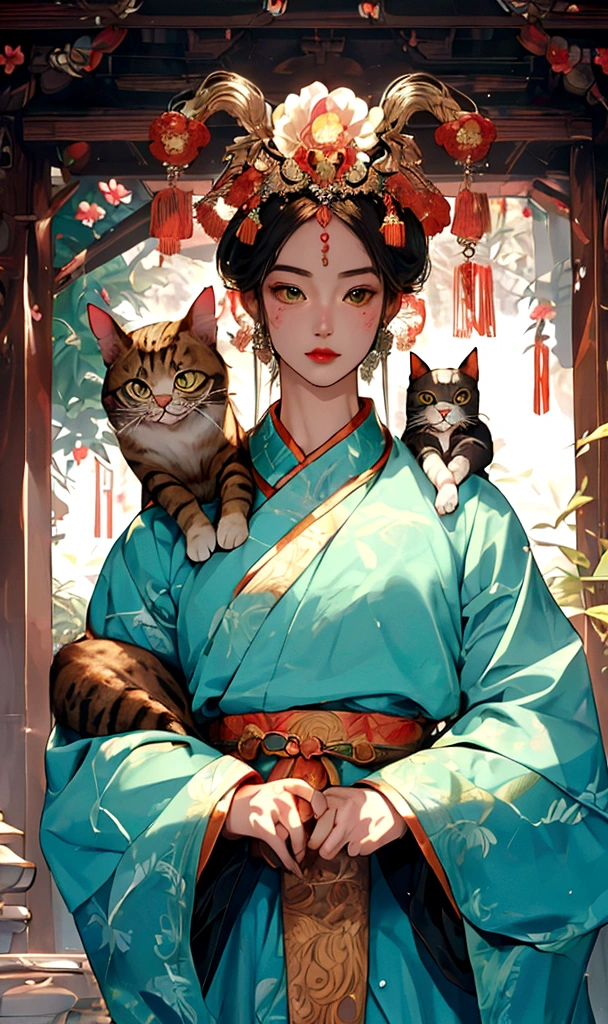 (highly accurate drawing in every detail)(extremely precise representation)upper body,,ancient asia vibe, a stunning hanfu oriental cat(with all cat specific bodyparts) dressed in georgeous hanfu dress with sacred geometric patterns and hair with big flower hanfu headpiece.big eyes, high quality linework,plain background,1 line drawing,burma cat, singapura cat, flat turquoise-blueish-green asia background