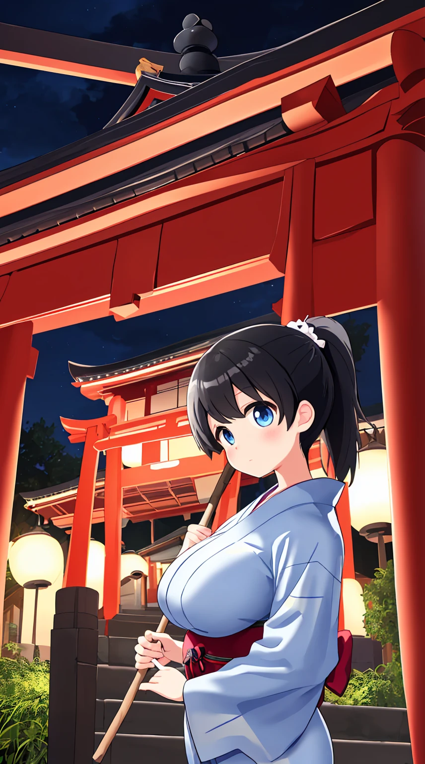 Black hair ponytail、 yukata、Holding a Frankfurt Stick、Light Blue Eyes、Big Breasts、Shrine stalls at night