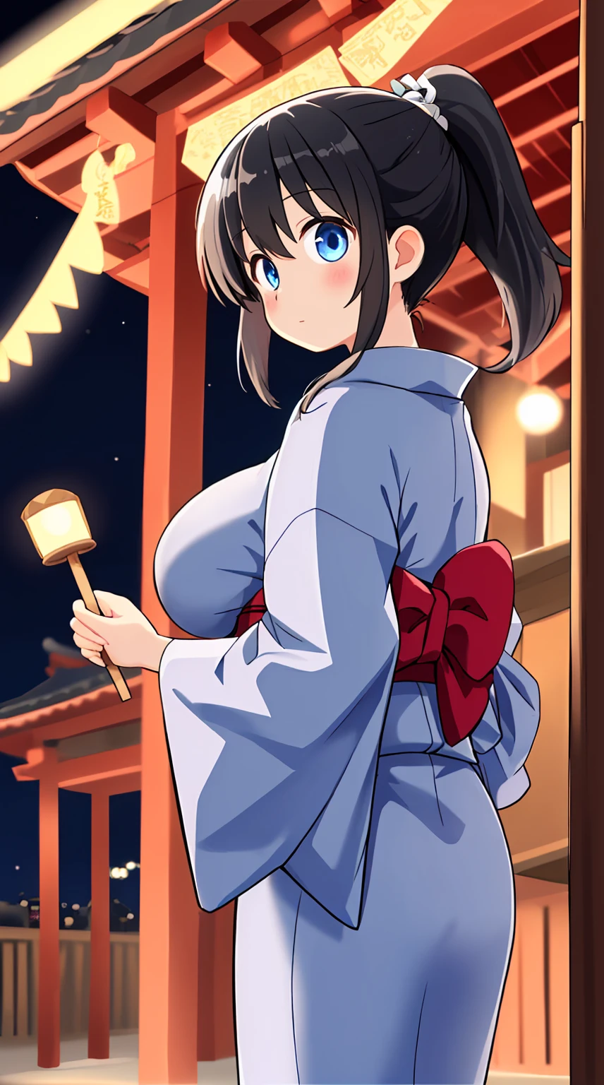 Black hair ponytail、 yukata、Holding a Frankfurt Stick、Light Blue Eyes、Big Breasts、Shrine stalls at night