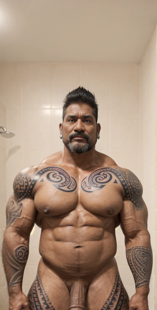 a old indian dad with a big ((erection:1.3)) is standing in a bathroom, muscular men, strong masculine features, attractive beefy man, daddy, hunk muscular build, seductive, ((anime hair cut:1.2)), muscular male, muscular man, ((tribal tattooed on pectoral:1.3)), ((Midjourney style:1.2)), very dark skinned, ((realistic photo:1.2)), NSFW, portrait of muscular, 63 years old, ((bara)), big wide broad strong physique, chiseled muscles, exaggerated muscle physique, portrait of a muscular bodybuilder, 16k, octane render