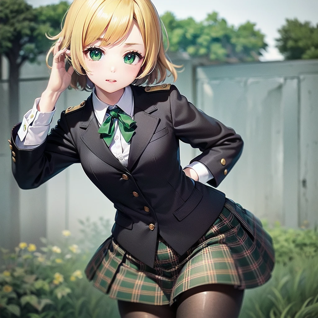 Top-High quality、Highest image quality、masterpiece、high contrast、Elegant、erotic expression、high school girl、blonde、Bob cut braids、uniform、(brown blazer)、ribbon tie、(Green and gray plaid skirt)、(black tights)、cinematic lighting、fine shading、cute、Truly unbelievably cute absurd、outside、Outside Garden