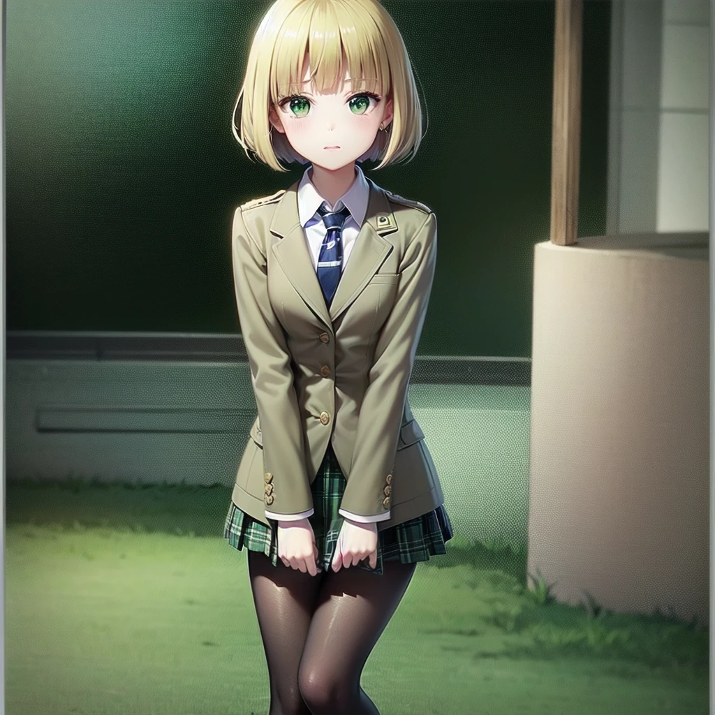 Top-High quality、Highest image quality、masterpiece、high contrast、Elegant、erotic expression、high school girl、blonde、Bob cut braids、uniform、(brown blazer)、ribbon tie、(Green and gray plaid skirt)、(black tights)、cinematic lighting、fine shading、cute、Truly unbelievably cute absurd、outside、Outside Garden