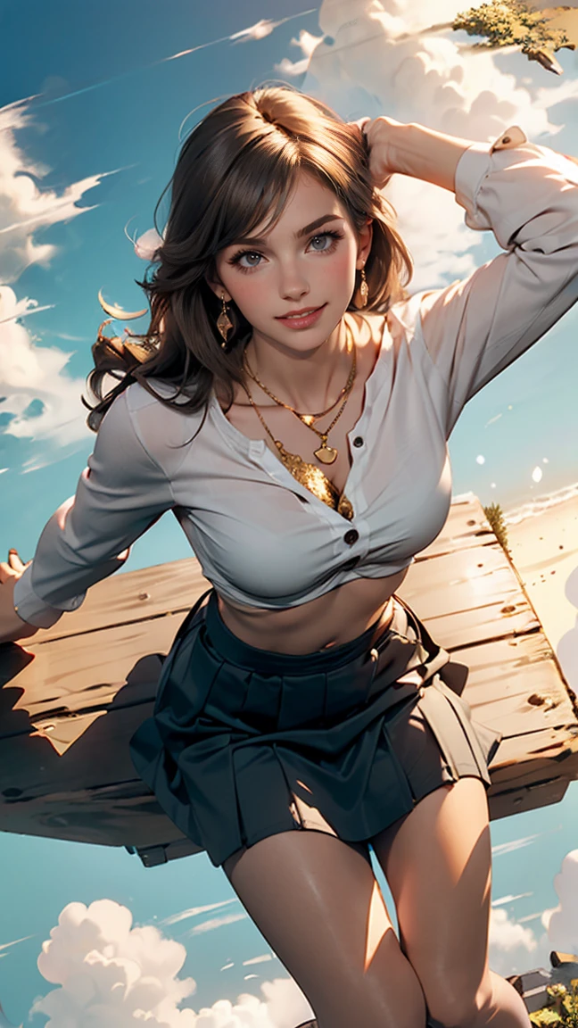 White long sleeve button up blouse_With collar_Remove up to the second button＿Brown pleated mini skirt、Long straight hair_Hair reaching down to the waist、gold necklace＿Large earrings、shy smile、sitting with her back to the top of the mountain_with blue sky and white clouds，rays of sunshine、((arms up:1.3)),((From an oblique angle above:1.5)),