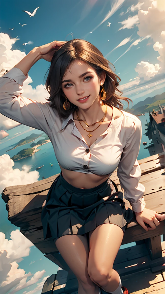 White long sleeve button up blouse_With collar_Remove up to the second button_Brown pleated mini skirt、Long straight hair_Hair reaching down to the waist、gold necklace_Large earrings、shy smile、sitting with her back to the top of the mountain_with blue sky and white clouds,rays of sunshine、((arms up:1.3)),((From an oblique angle above:1.5)),