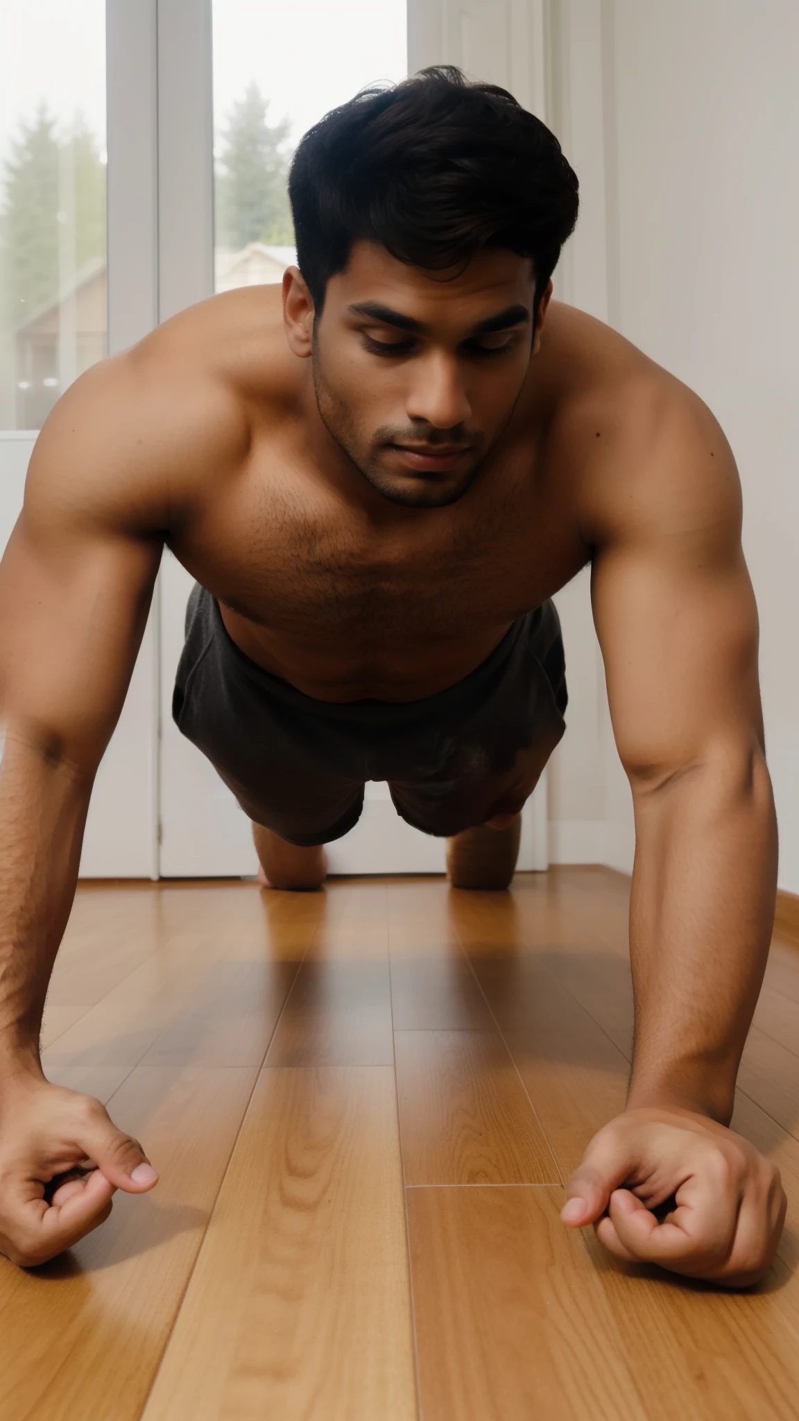 22 year old brown young man doing planks at home