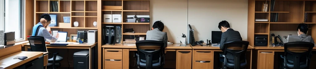 Inside the office, cameras and lenses are lined up on the shelves. At the workbench in the back of the office, a Japanese woman is taking pictures with a camera and lens. At the workbench in the front of the office, a Japanese man is working on a computer.