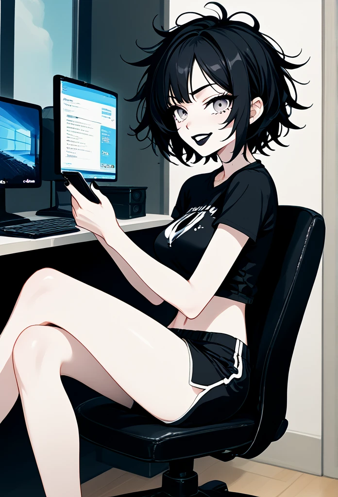 mature woman, goth, hot face, black lipstick, tongue out, teasing expression, seductive grin, hot face, (sharp eyes), gray eyes, short hair, messy hair, black hair, slim body, medium breast, short pants, hot pants, black clothes, midriff, sitting down, (sitting on rolling chair, sitting in front of a computer, flat schreen computer), crossing legs, (holding phone), view from side, side view, living room