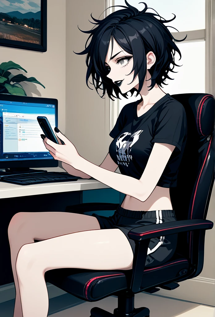 mature woman, goth, hot face, black lipstick, tongue out, teasing expression, seductive grin, hot face, (sharp eyes), gray eyes, short hair, messy hair, black hair, slim body, medium breast, short pants, hot pants, black clothes, midriff, sitting down, (sitting on rolling chair, sitting in front of a computer, flat schreen computer), crossing legs, (holding phone), view from side, side view, living room