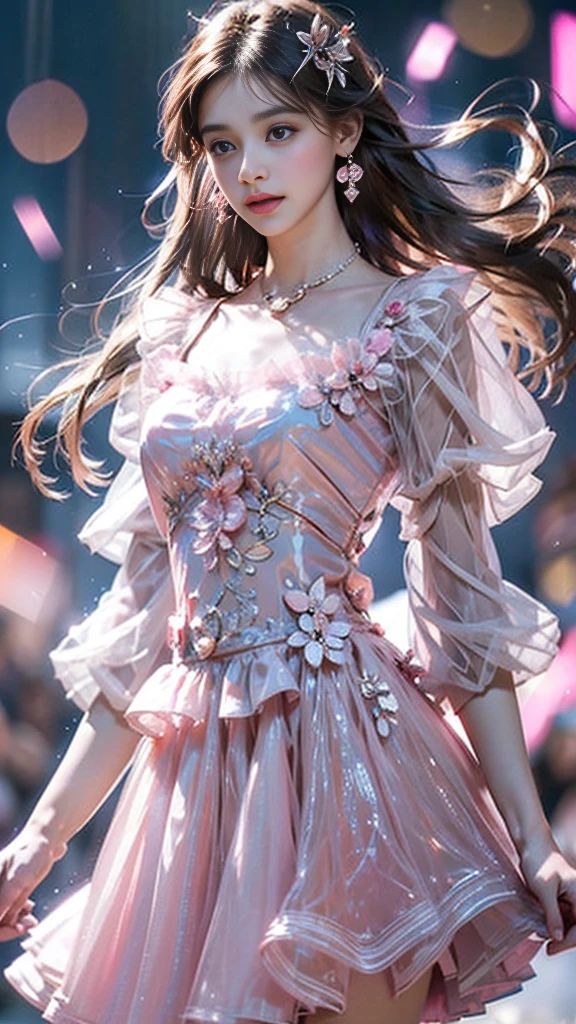 8K, Ultra high quality, masterpiece, 1 girl, (Good face:1.4), delicate eyes, Very long hair, Impressive hairstyle, earrings, necklace, Small Breasts, (Pink skirt:1.5), transparent, (Dreamy dress:1.5) Light-colored foundation brings out the transparency of the skin, (wonderland:1.5), mystery, diwali lights, Glowing lights, very ornamented, The lights fall like water, Perfect predecessor, sit,